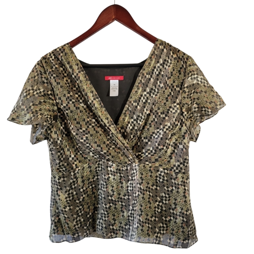 Anne Klein Multicolored Geometric Silk Blouse Sz 14 Overlay Pleated Old Money